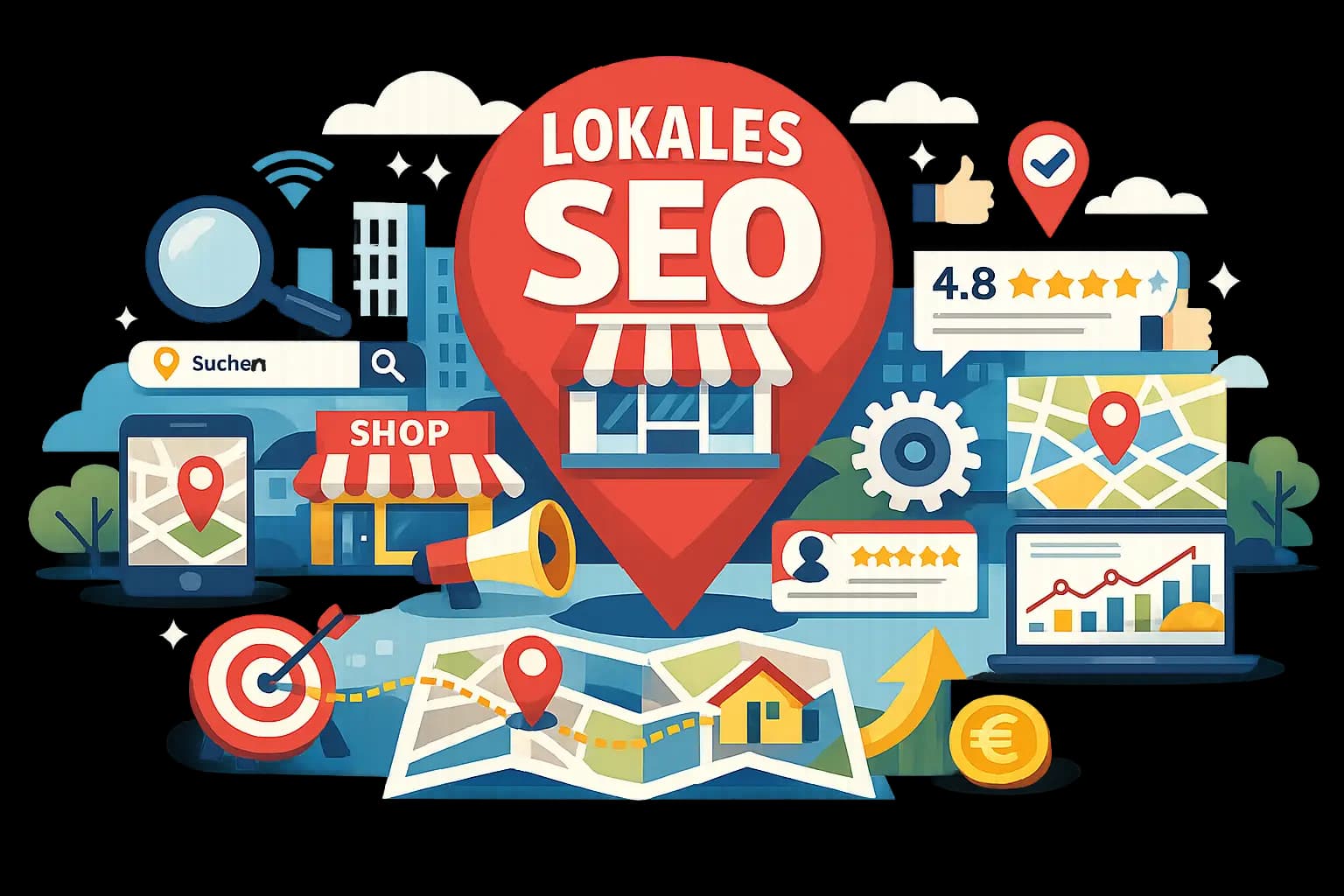 Stadtansicht und Karte als Symbol für lokale Suche