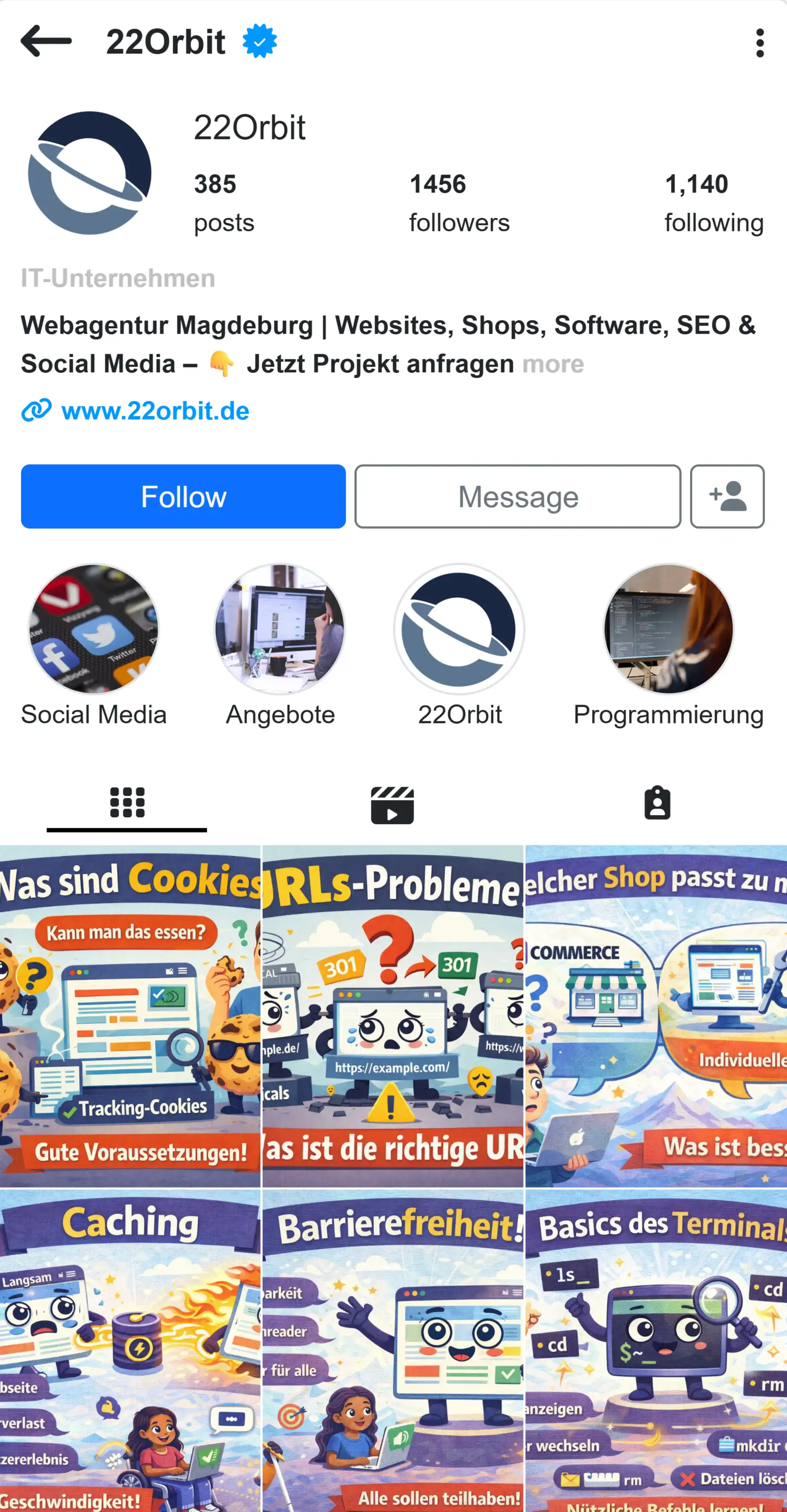 Instagram-Profil von 22Orbit auf dem Smartphone: Beiträge, Highlights und Bio einer Webagentur aus Magdeburg