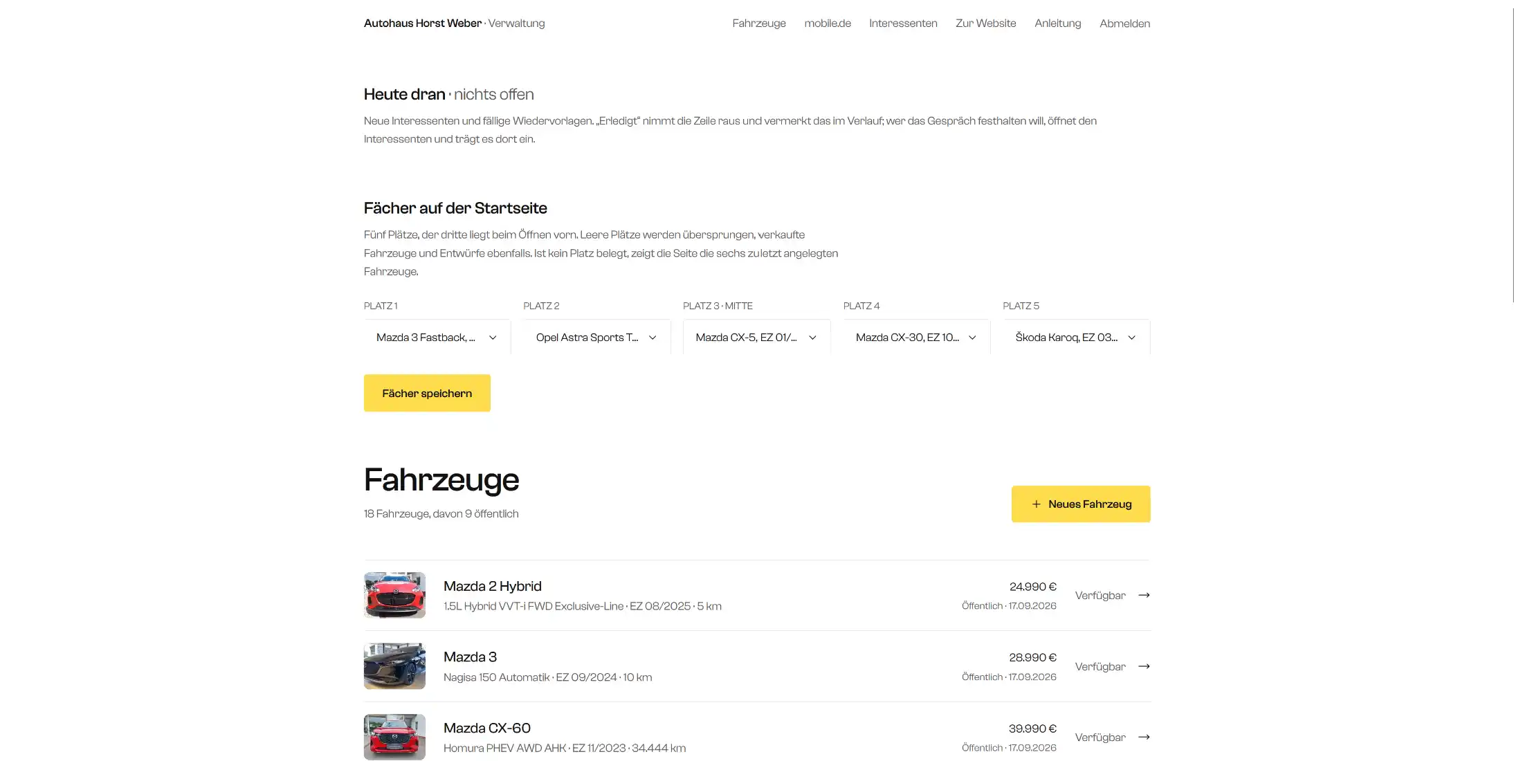 Admin-Dashboard von 1a Autoservice Horst Weber mit Fahrzeugliste und Navigation zu Interessenten und mobile.de