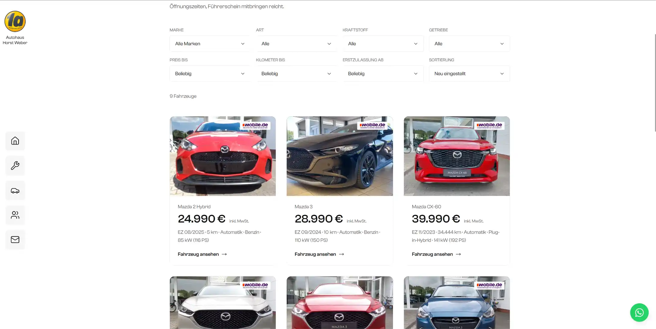 Gebrauchtwagenportal auf der Website von 1a Autoservice Horst Weber mit Filtern und Fahrzeugkarten