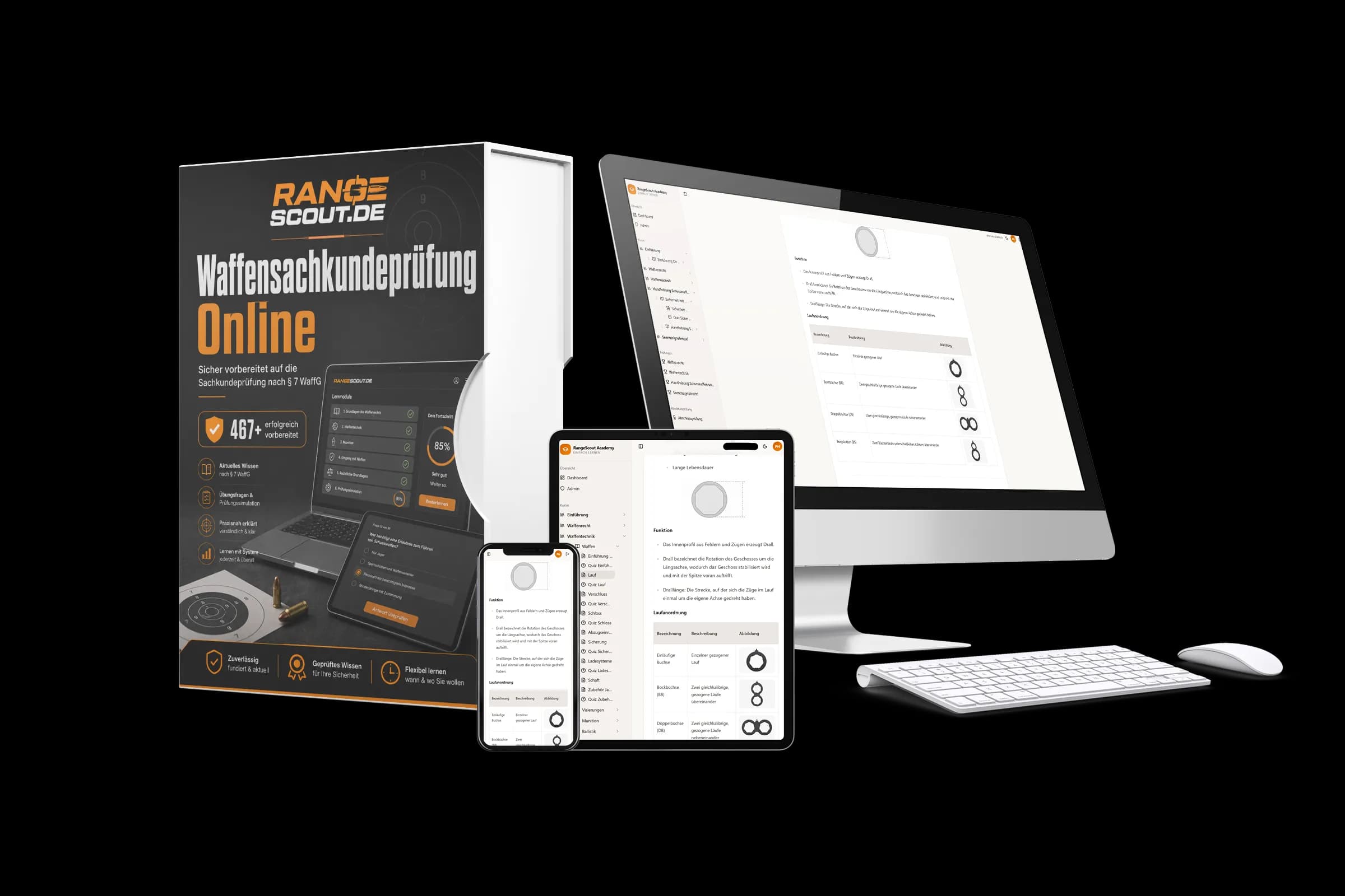 RangeScout Online-Prüfungsvorbereitung zur Waffensachkundeprüfung – Lernplattform auf Desktop, Tablet und Smartphone