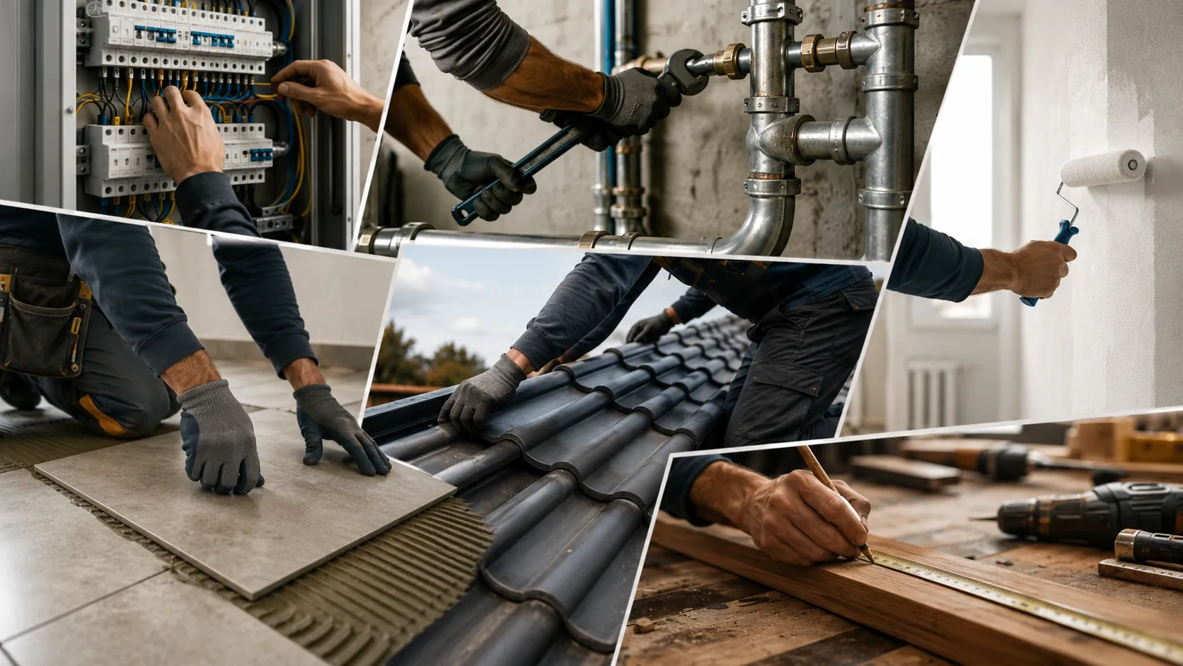 Collage aus verschiedenen Handwerksberufen: Elektriker, Klempner, Fliesenleger, Dachdecker, Maler und Schreiner bei der Arbeit